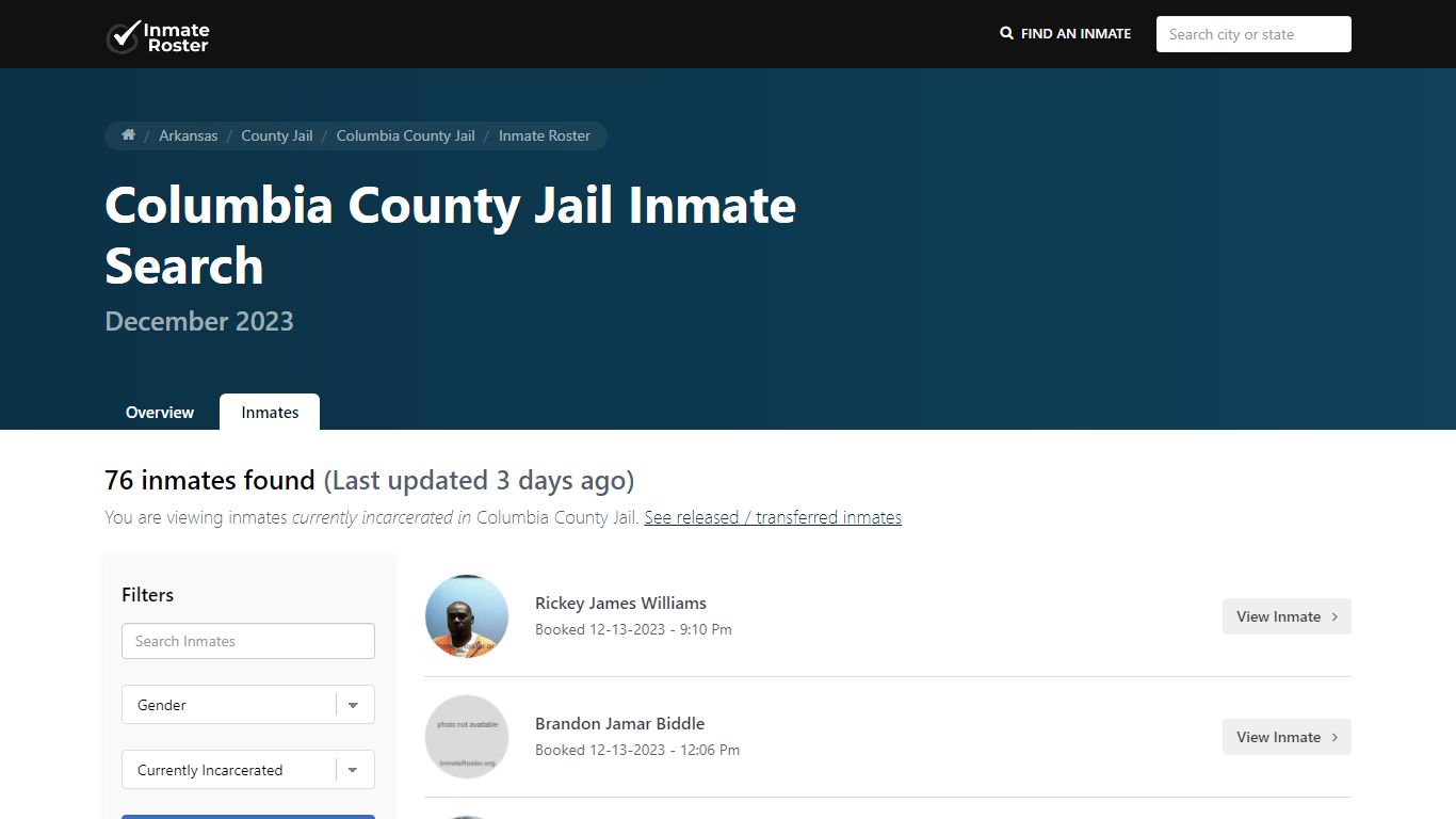 Current Inmate Roster for Today | Columbia County Jail